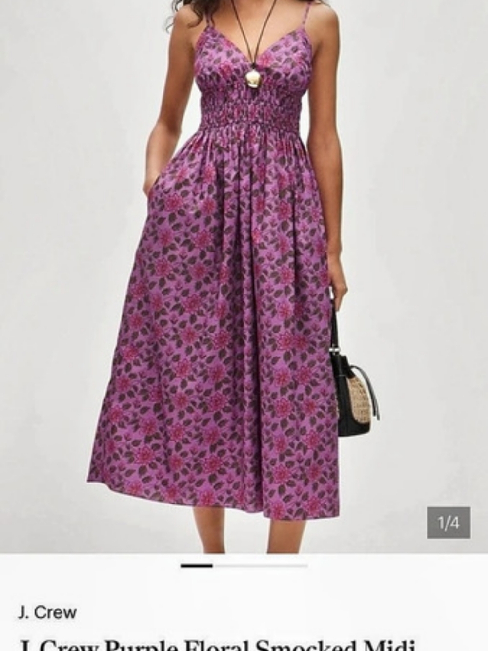 J. Crew Smocked-Waist V-Neck Dress in Iris Floral Midi Dress in Purple & Pink